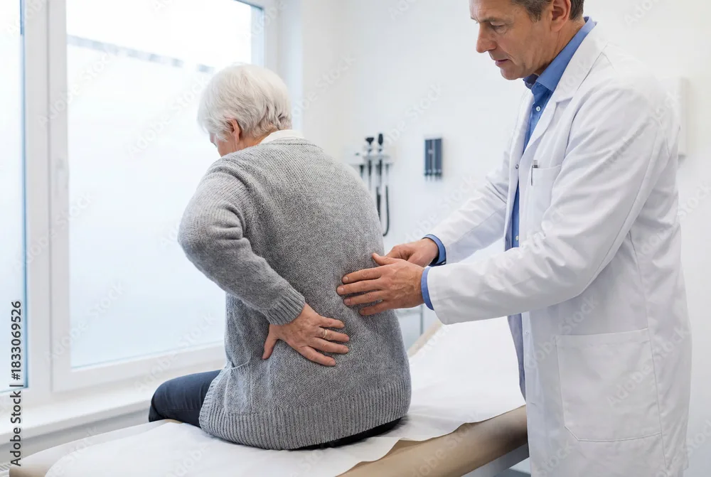 Doctor evaluating elderly patient with low back pain